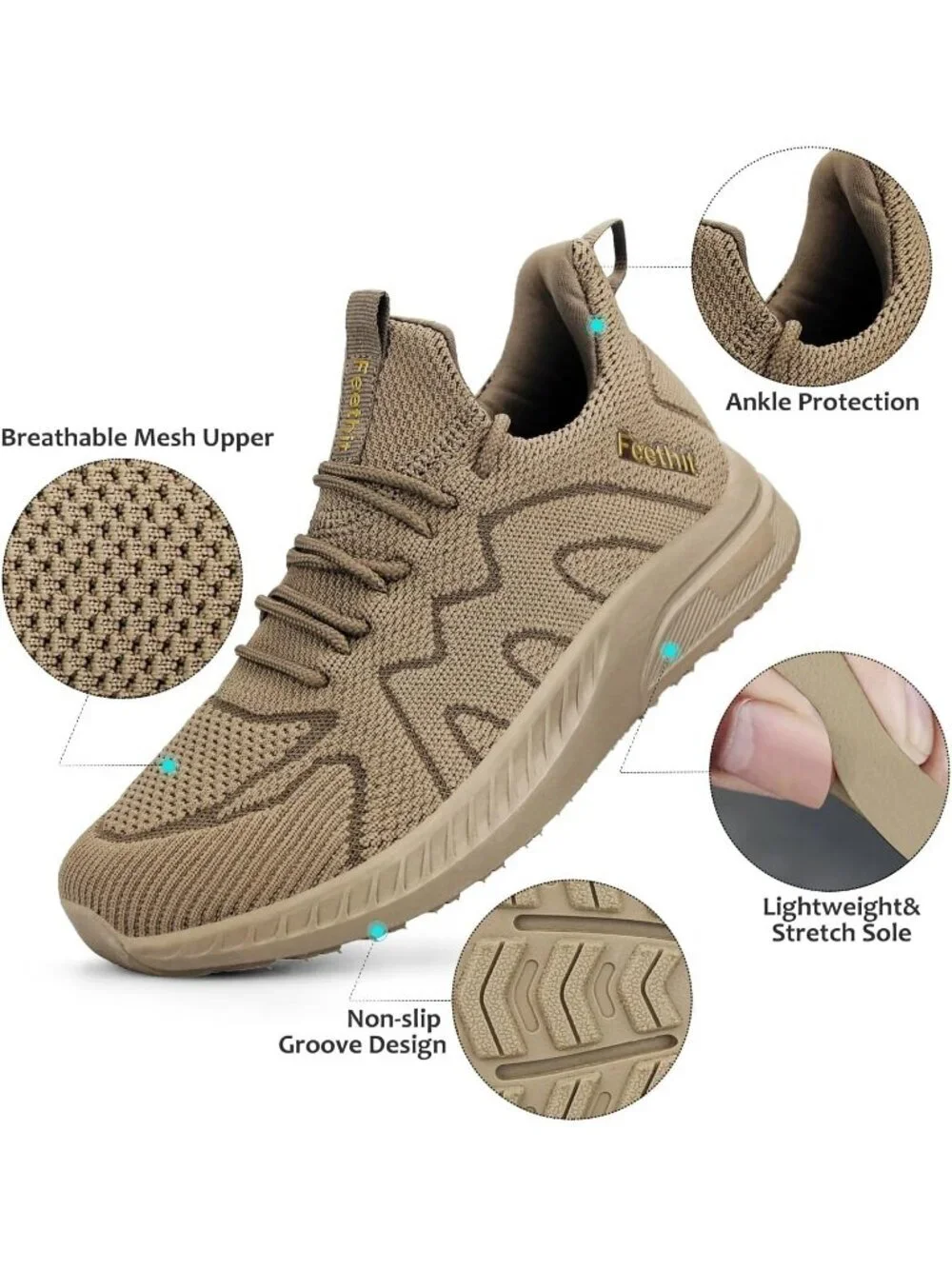 Women's Khaki Running Shoes Tennis Walking Shoes Slip on Sneakers Gym Shoes